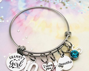 Personalized Granddaughter Bracelet: Grammy's Girl Charm, Initial & Birthstone