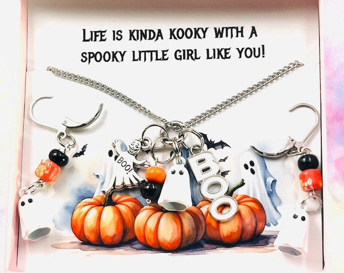 Halloween Jewelry Set, Handmade Ghost Necklace and Earrings, Gift Boxed
