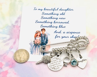 Bride Wedding Dress Pin: Something Old, New, Blue, Borrowed, Bridal Bouquet