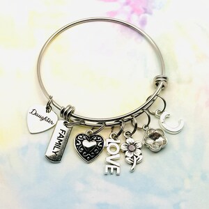 Personalized Daughter Charm Bracelet: Initial, Birthstone, Stainless Steel