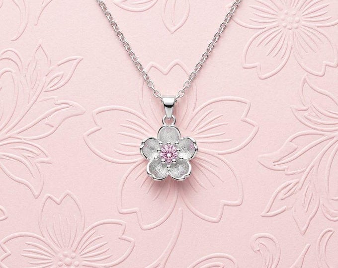 Sterling Silver Cherry Blossom Necklace: Pink Cubic Zirconia Flower Pendant