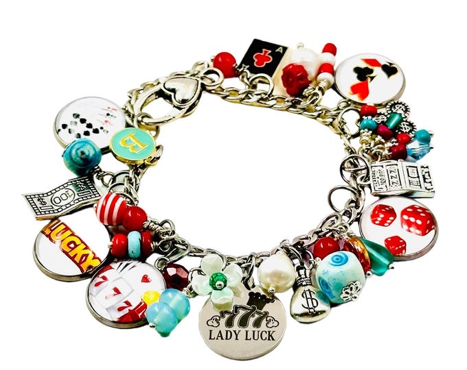 Lucky Lady Casino Inspired Charm Bracelet, Gambling Themed Personalized Jewelry, Gift for Her, Best Friend Gift, Handmade Jewelry, Good Luck