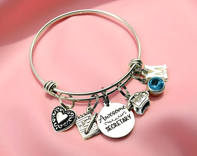 Secretary Gift: Personalized Charm Bangle Bracelet, Employee Appreciation