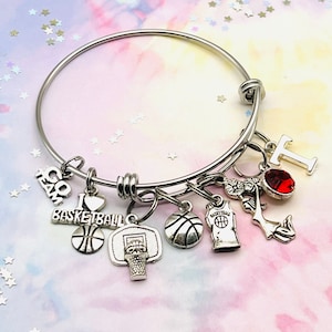 Basketball Player Gift, Basketball Coach Charm Bracelet, Initial Bracelet, Birthstone Jewelry for Women, Handmade Gift for Her, Team Gift