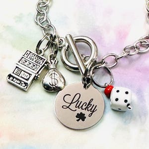 Good Luck Casino Charm Bracelet, Gambling Jewelry, Slot Machine Charms, Silver Chain Link