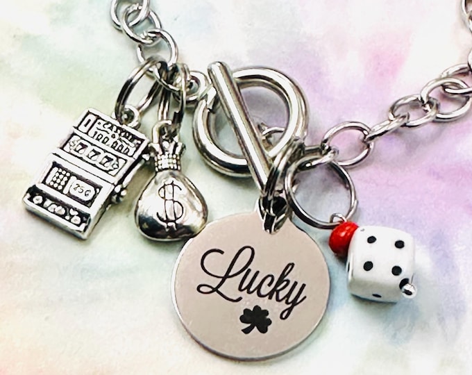 Good Luck Casino Charm Bracelet, Gambling Jewelry, Slot Machine Charms, Silver Chain Link