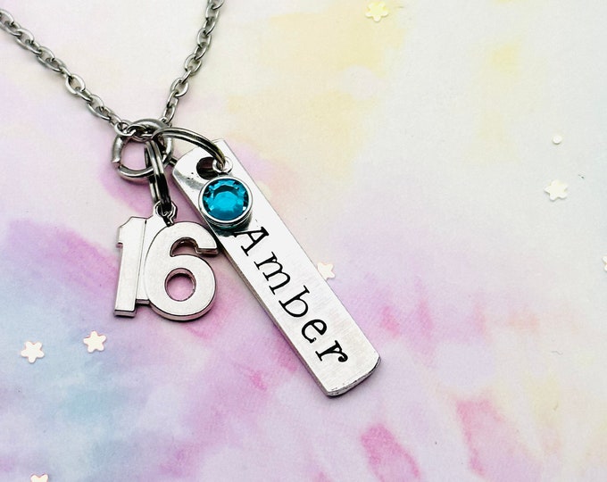 Name Necklace for 16th Birthday, Hand-stamped Necklace, Handmade Birthstone Jewelry, Sweet 16 Jewelry, Personalized Gift for Her