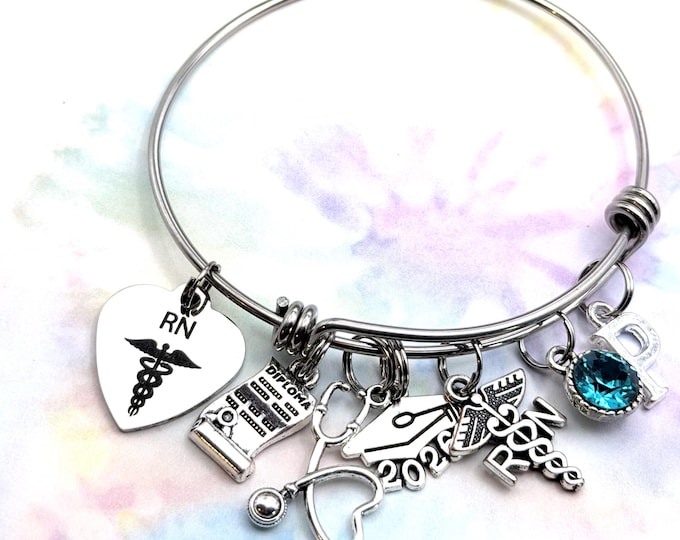 RN Graduation Charm Bracelet: Personalized Nursing School Gift
