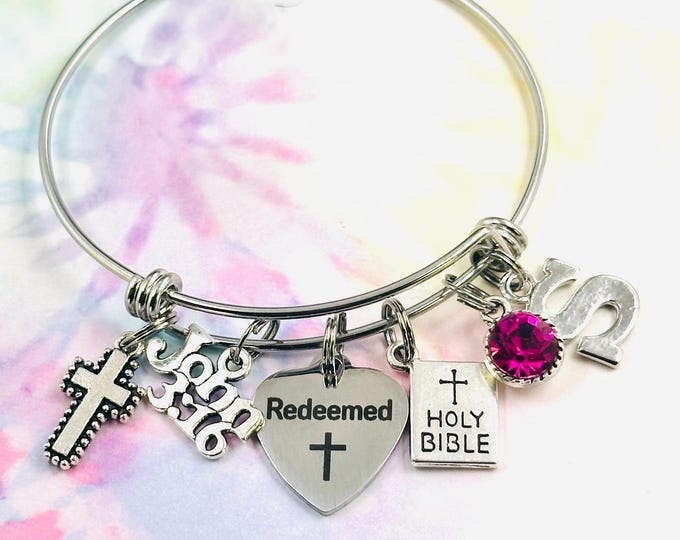 Christian Jewelry, Personalized Gift for Her, Bible Verse Bracelet, Silver Cross, Holy Bible, Baptism Gift, Christening Bracelet, Redeemed