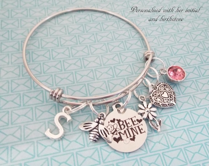 Valentines Gift, Personalized Jewelry, Initial Charm Bracelet, Birthstone Jewelry, Gift for Her, Gift Boxed, Bumble Bee Theme, Daughter Gift