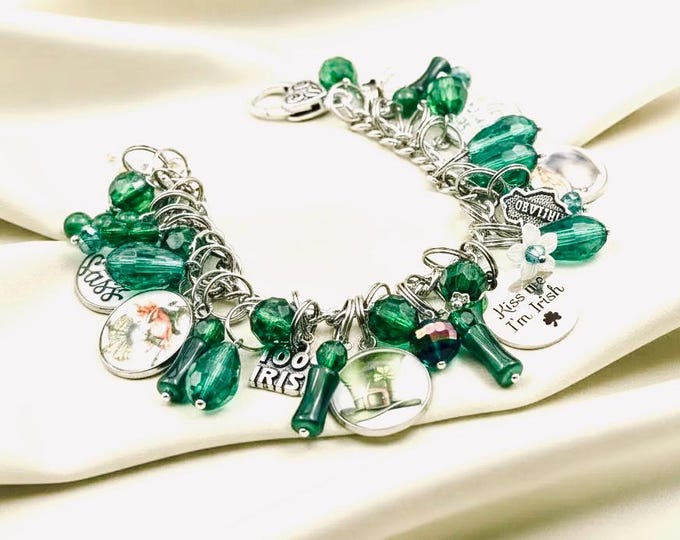 St Patrick's Day Charm Bracelet, Kiss Me I'm Irish, Four Leaf Clover, Handmade Jewelry