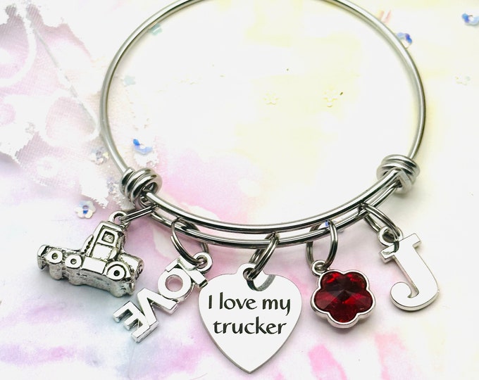 I Love My Trucker Charm Bracelet, Birthday Gift for Her, Personalized Jewelry for Woman, Birthstone Bracelet, Initial Jewelry, Custom Gift