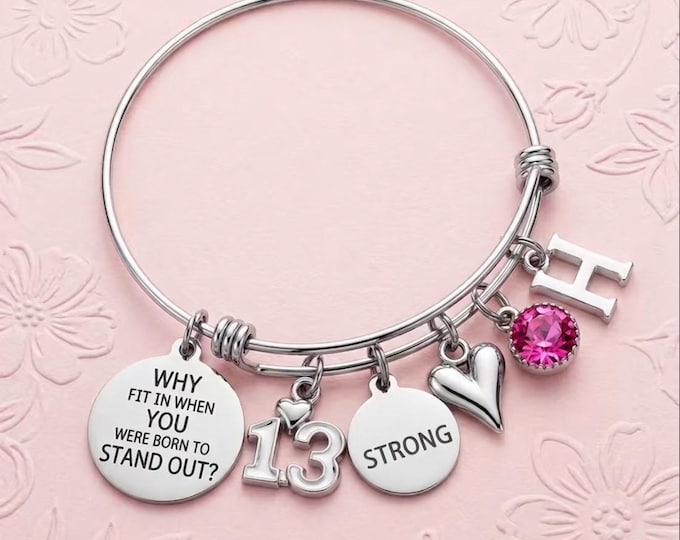 Personalized Charm Bracelet: Initial, Birthstone, Stainless Steel Bangle