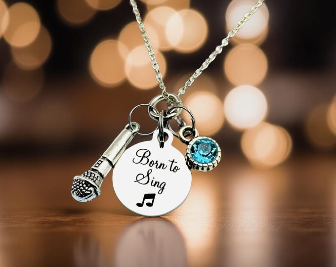 Born to Sing Necklace: Stainless Steel, Microphone Charm, Swarovski Birthstone