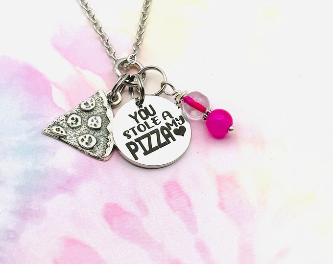 Pizza Gift Necklace, Gift for Her, Beaded Handmade Jewelry, Best Friend Gift, Birthday for Women, Pizza My Heart Necklace With Pink Beads