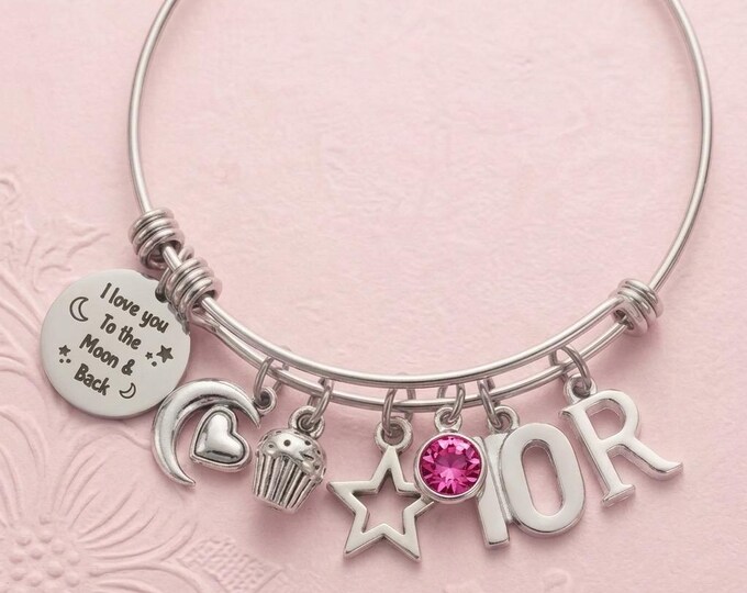 10th Birthday Love You to the Moon Charm Bracelet, Personalized Cupcake gift for Girl
