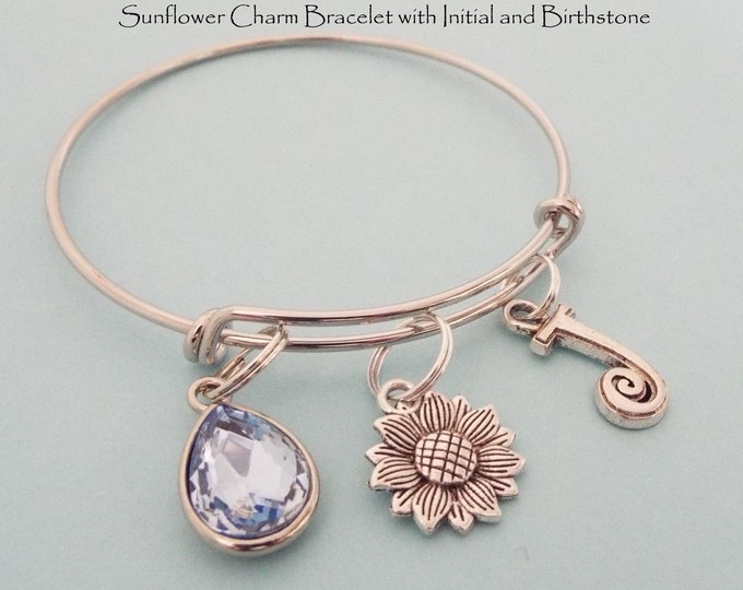 Sunflower charm bracelet, Personalized Gift, Gift for Her Personalized Bracelet, Initial, Birthstone, Monogram Birthday Gift, Friend Gift