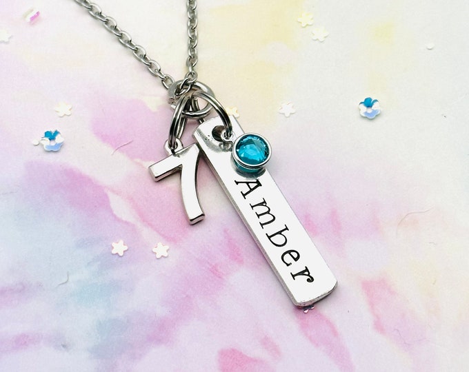 7th Birthday Name Necklace, Personalized Necklace, Name Bar, 7 Year Old Girl, Gift for Her, Handmade Jewelry, Daughter Birthday, Niece Gift