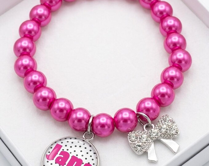Personalized Pink Name Bracelet, Custom Polka Dot Cabochon Jewelry