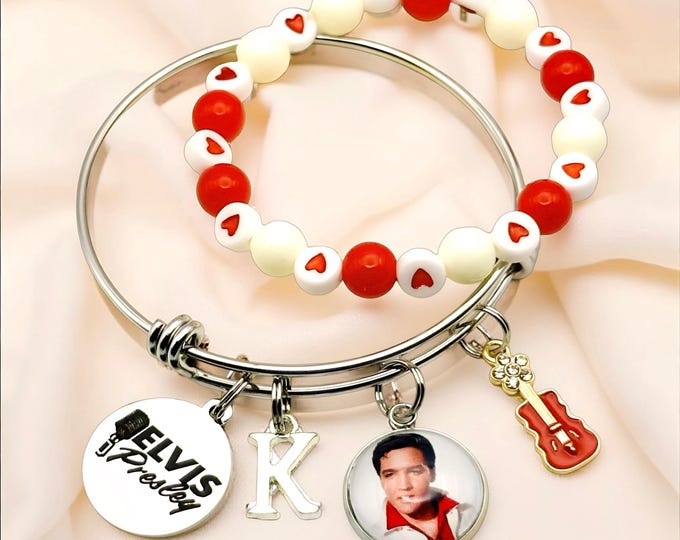 Elvis Presley Charm Bracelet Set: Handmade Stainless Steel Bangle, Personalized Initial