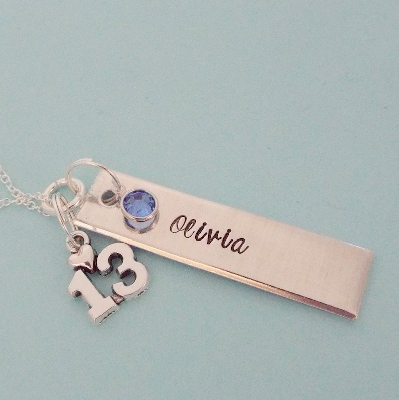 Hand Stamped Name Bar Necklace: Teen Girl Gift with Swarovski Birthstone image 2