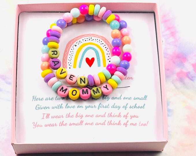 First Day of School Gift, Mommy and Me Bracelets, Personalized Name Beaded Bracelets, Back to School Gift Jewelry, Kindergarten, First Grade