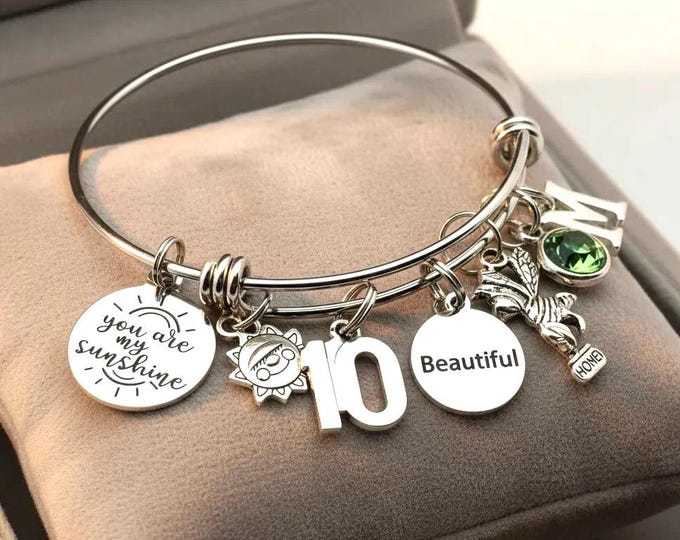 Personalized 10th Birthday Charm You Are My Sunshine Bracelet, Initial & Birthstone Jewelry