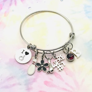 Personalized Bowling Charm Bracelet: Initial & Birthstone, Stainless Steel