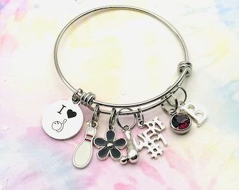 Bowling Bracelet, Personalized Handmade Initial Jewelry, Unique Gift for Her, Silver Sports Bracelet, Birthstone Jewelry, Birthday Gift