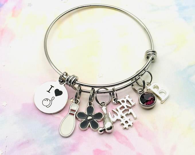 Bowling Bracelet, Personalized Handmade Initial Jewelry, Unique Gift for Her, Silver Sports Bracelet, Birthstone Jewelry, Birthday Gift