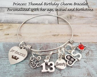 13th Birthday Girl Gift, Princess Charm Bracelet, Handmade Gift for Girl, Engraved Initial Jewelry, Teenager Birthday, Personalized Bracelet