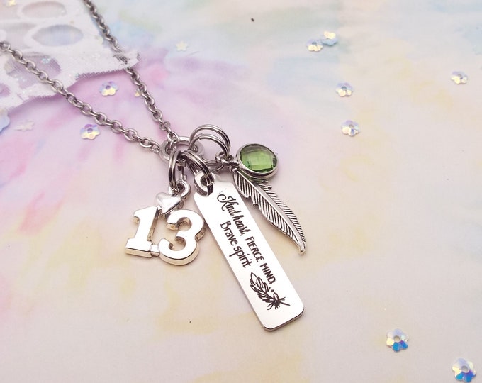 Personalized Feather Necklace, Handmade Boho Jewelry, 13th Birthday Gift for Her, Mother to Daughter Gift, Strong Heart, Brave Spirit