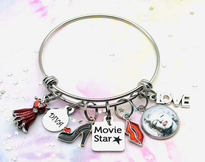 Marilyn Monroe, Gift for Her, Vintage Movie Star, Actor Charm Bracelet, Retro Silver Jewelry, Birthday Gift, Custom Portrait, Womens Jewelry