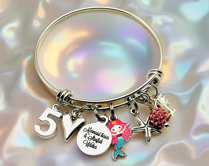 Mermaid Charm Bracelet, Girl’s Birthday Gift, Personalized Initial Jewelry, Beachy
