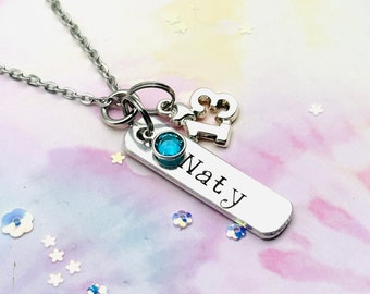 13th Birthday Necklace: Hand Stamped Name, Birthstone Charm
