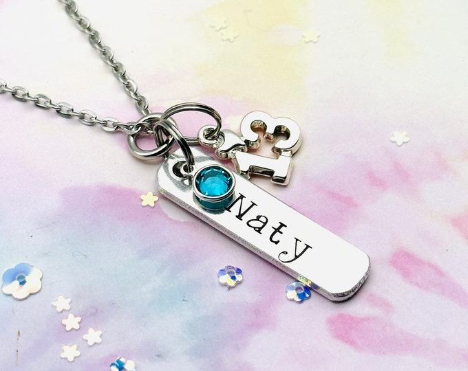 13th Birthday Necklace, Gift for Girl Turning 13, Handstamped Jewelry Personalized with Birthstone, Gift for 13 Year Old, Teenage Girl Gift