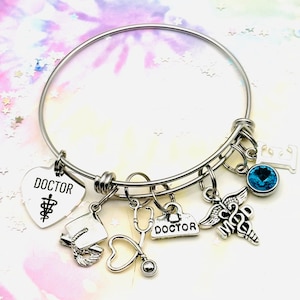 Graduation Gift for Doctor, Gift for Her, Women’s Birthstone Jewelry, Silver Initial Bracelet, Congratulations New Doctor, College Graduate