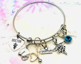 Graduation Gift for Doctor, Gift for Her, Women’s Birthstone Jewelry, Silver Initial Bracelet, Congratulations New Doctor, College Graduate