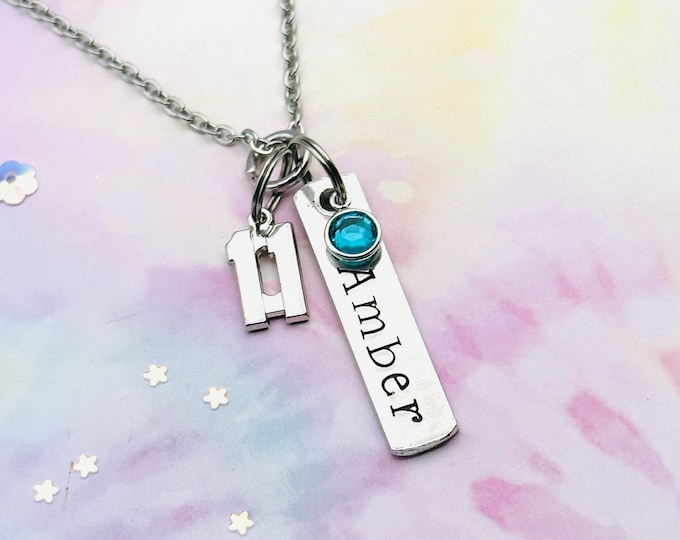 Girl 11th Birthday Name Bar Necklace, Birthstone Jewelry, Personalized Gift, Girl Turning 11, Children's Birthday, Gift for Her, Handstamped