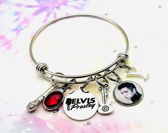 Handmade Gift, Personalized Jewelry, Elvis Presley Gift for Her, Rock and Roll Jewelry, Charm Bracelet, Mom Gift from Daughter, Initial