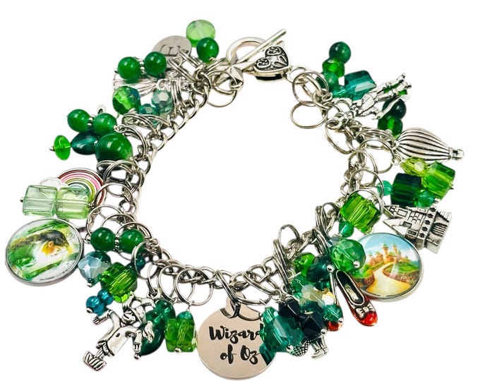 Wizard of Oz Gifts, Emerald Beaded Charm Bracelet, Gift for Her, Personalized Jewelry, Over the Rainbow, Handmade Jewelry, Initial Bracelet