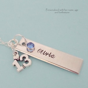 Hand Stamped Name Bar Necklace: Teen Girl Gift with Swarovski Birthstone image 1