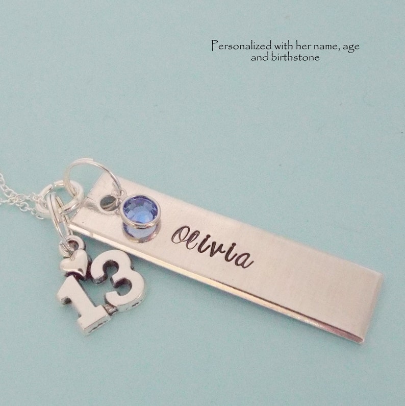 Hand Stamped Name Bar Necklace: Teen Girl Gift with Swarovski Birthstone image 1