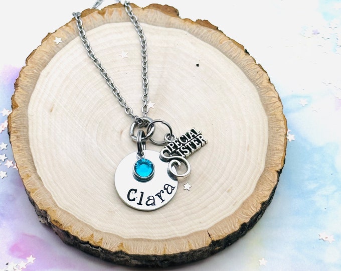 Sister Gift, Hand Stamped Name Necklace, Personalized Gift, Womens Birthstone Jewelry, Gift for Her, Big Sister Necklace, Handmade Jewelry