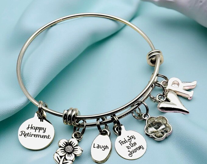Personalized Retirement Charm Bracelet: Stainless Steel, Initial & Birthstone