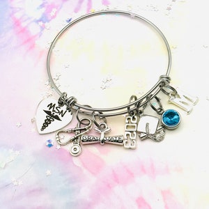 Nurse Graduation Charm Bracelet: Personalized Initial, Birthstone Jewelry