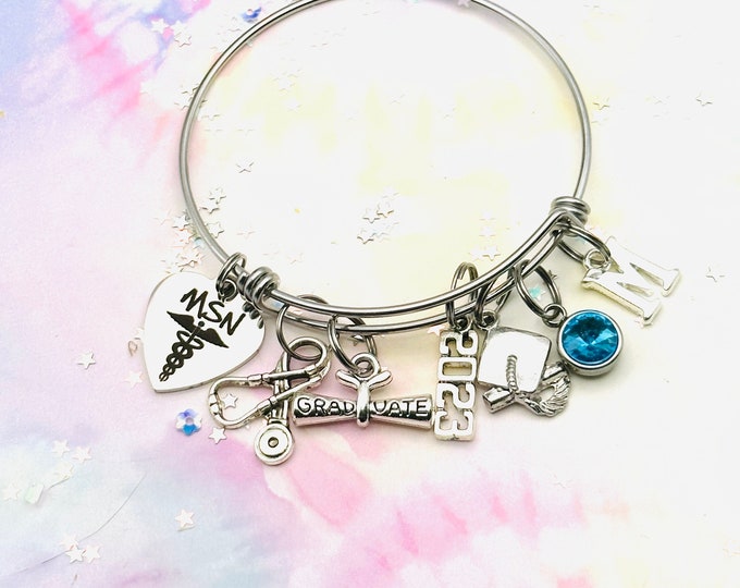 Nurse Graduation Gift, Masters in Nursing Charm Bracelet, Handmade Personalized Jewelry, Initial Bracelet, Birthstone Jewelry for Women