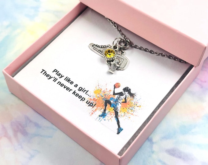 Basketball Player Necklace, Initial, Birthstone Jewelry, Sneaker Charm