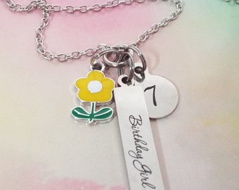 7th Birthday Charm Necklace: Stainless Steel Pendant, Flower