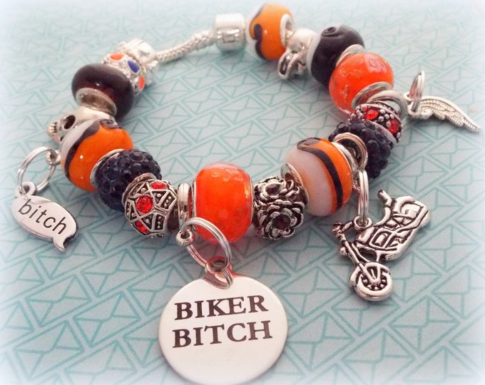 Biker Chick Charm Bracelet, Motorcycle Beaded Bracelet, Custom Jewelry, Gift for Her, Women's Jewelry, Birthday for Her, Woman's Gift, Girl